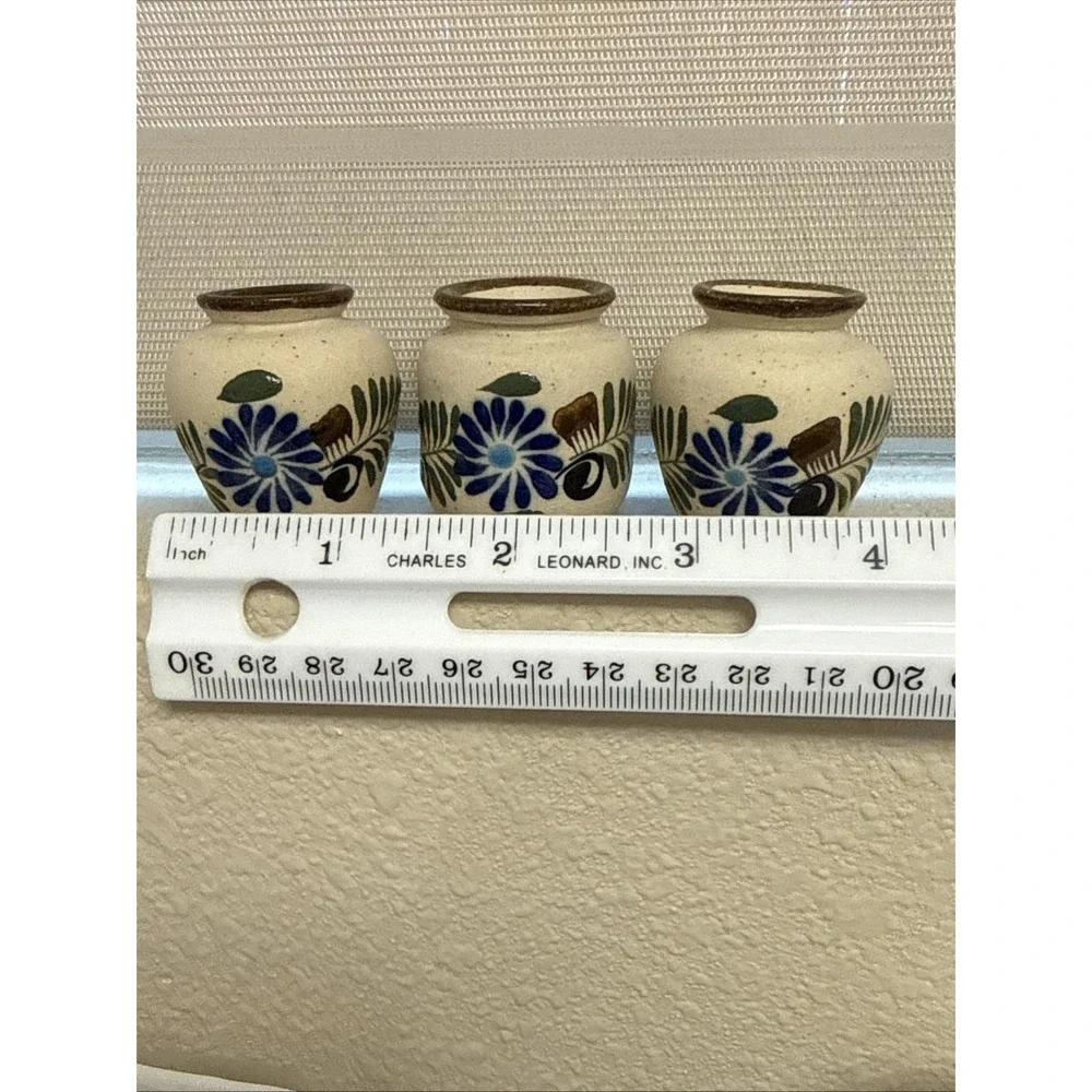Set of 3 Vintage Tonala Mini Pottery Bud Vases Hand Painted Flowers-Mexico